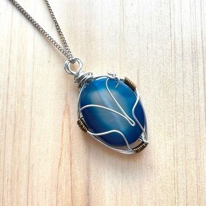 Blue agate wire wrapped pendant necklace arias sign zodiac jewelry handmade